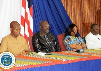 L-R Speaker Bhofal Chambers-President George Weah-VP Jewel Howard Taylor-State Minister Nathaniel McGillEXECUTIVE MANSION