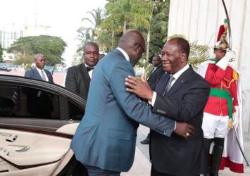 President Weah being welcomed by President Quattara upon arrival at the Presidential palace ahead of a Bilateral meetingExecutive Mansion Photo