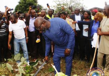President Weah cleans grass on the grounds of the Executive Mansion.EXECUTIVE MANSION